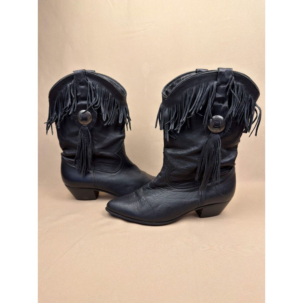Vintage Acme Black Leather Fringe Western Boots With Conchos Sz 10